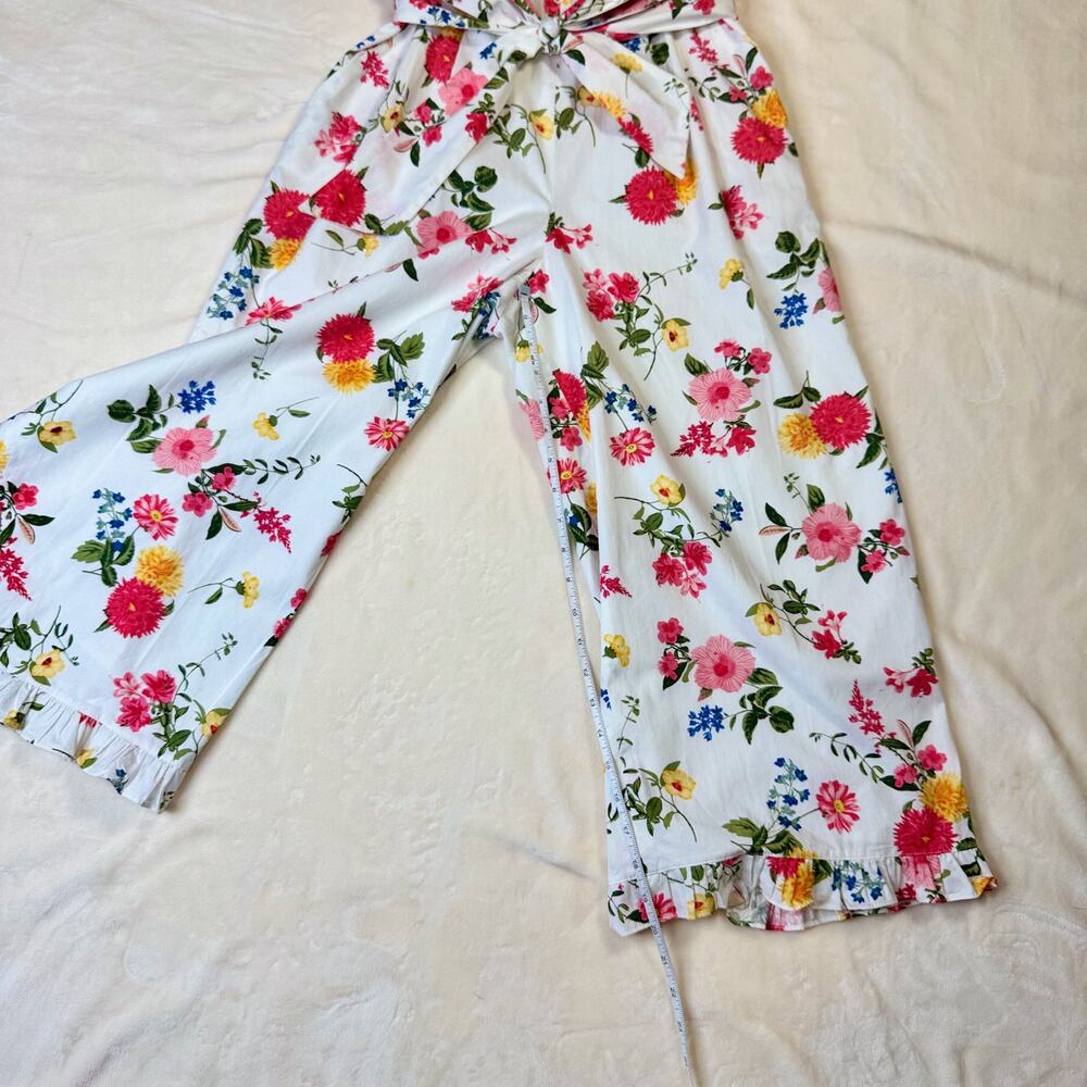 Gal Meets Glam Beverly Ruffle Floral Cotton Wide Leg Cropped Jumpsuit White 4 - Picture 9 of 16